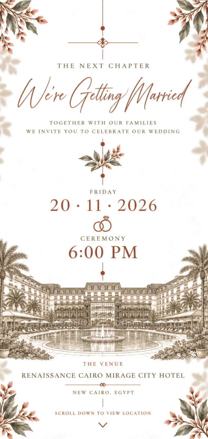 Wedding details — Friday 20 November 2026 at 6 PM, Renaissance Cairo Mirage City Hotel